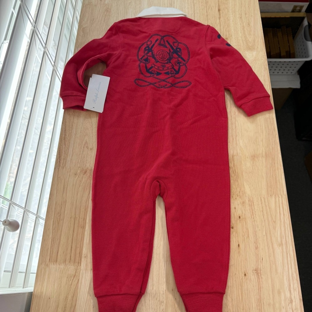 Ralph Lauren Polo Coverall Infant Romper Boys 12M Red Long Sleeve‎ Logo Nautical